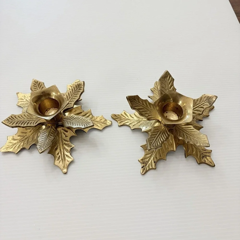 Vintage Solid Brass Holly Leaf Candle Holders Set Of 2 Christmas Made In India